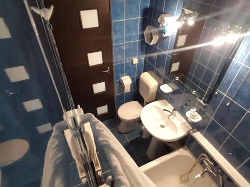 ブラショヴにあるArmoniaの青いタイル張りのバスルーム(洗面台、トイレ付)
