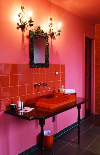 a bathroom with a sink and a mirror on the wall at Maison d'hôtes Stella Cadente in Provins