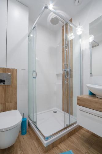 a bathroom with a shower and a toilet and a sink at Rajska Apartament- Gdańsk in Gdańsk