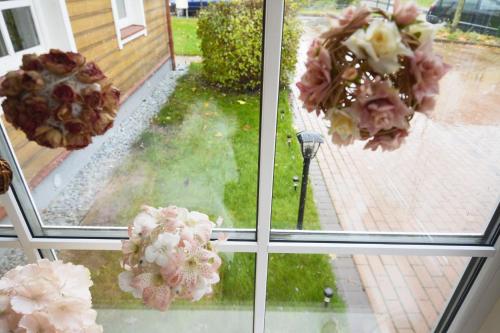 two windows with flowers in the window of a house at Vila Liepa in Birštonas