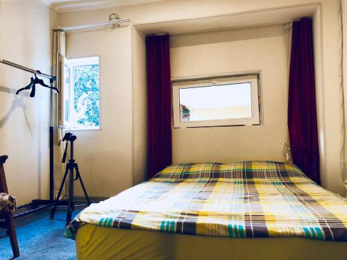 um quarto com uma cama, uma janela e uma câmara em Heart of Old Tbilisi Apartments 2 em Tbilisi
