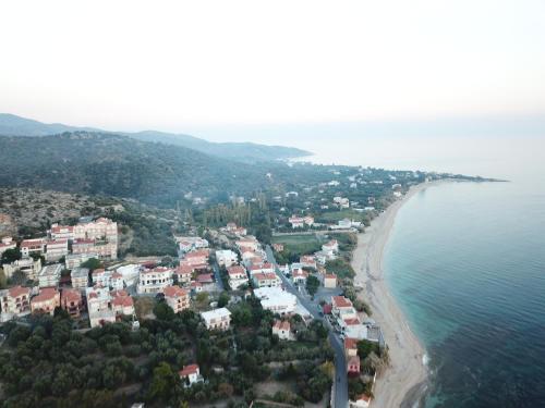 an aerial view of a town next to the ocean at Sappho Plomari in Plomarion