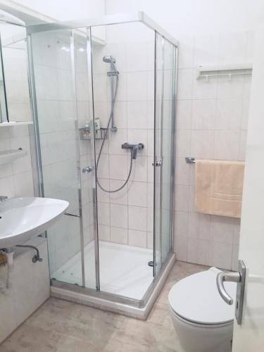 a bathroom with a shower with a toilet and a sink at Kurhaus Apartment King Size Bett 180x200 in Bad Harzburg