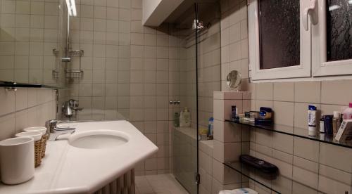 a bathroom with a sink and a shower at Penthouse in Kolonaki in Athens