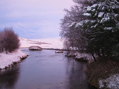 a river with snow on the branches of trees at Hótel Lækur in Hella