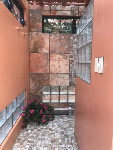 a view from the inside of a building with flowers at Villa Cayo in San Ignacio