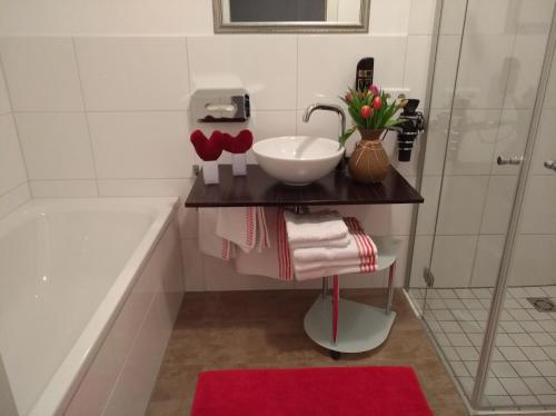 a bathroom with a sink and a bath tub at Erlachmühle in Mondsee