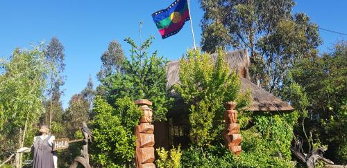 a kite flying in the sky above a house at Cabañas Rukas Licantén in Licantén
