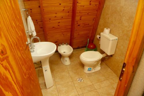 y baño con aseo y lavamanos. en Cabañas Delicias del Condado en Cosquín
