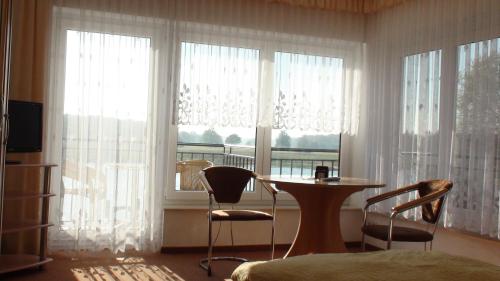 a room with a table and chairs and windows at Elbterrassen zu Brambach in Dessau
