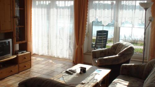 a living room with a couch and chairs and a tv at Elbterrassen zu Brambach in Dessau