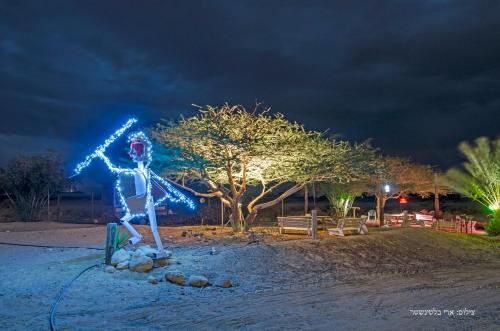 a statue of a man is lit up with lights at Ras Hasita in H̱aẕeva