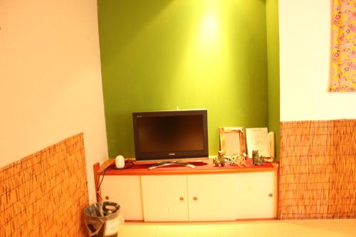 a television on a cabinet in a room with a green wall at Okinawa Minshuku Kariyushi in Shirahama