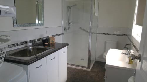 a bathroom with a shower and a sink and a toilet at Little Sunnyside Accommodation in Hagley