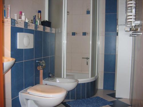 een badkamer met een toilet, een wastafel en een douche bij Apartment Jola in Pobierowo