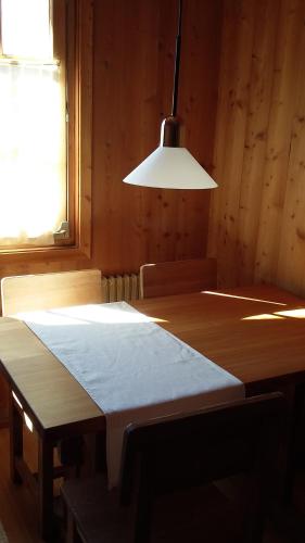 a dining room table with a light hanging over it at Ferienwohnung am Bach in Münster