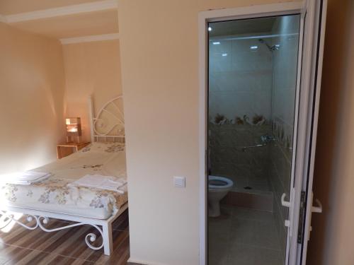 a bedroom with a shower and a bed and a toilet at Arami Guest House in Dilijan