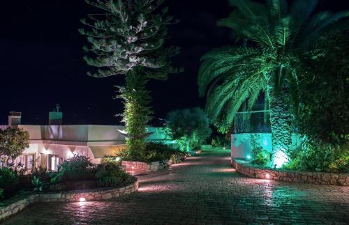 a garden at night with palm trees and lights at Panorama Villa Private Pool, BBQ, Parking in Sitia