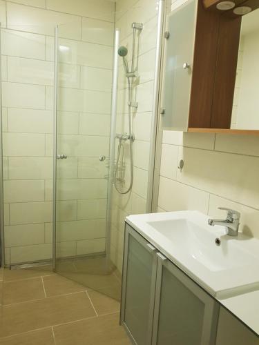a bathroom with a sink and a shower at Ferienwohnung in Pinsdorf