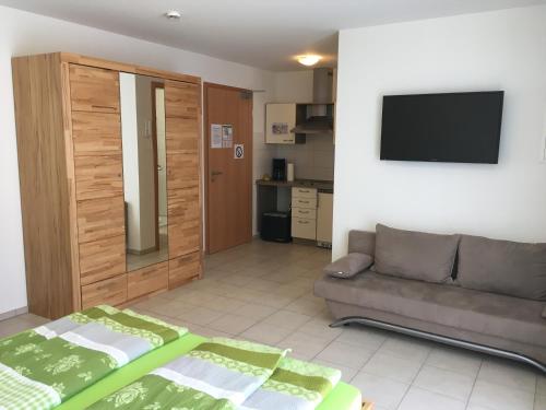 a living room with a couch and a flat screen tv at Boardinghouse Casita Amann in Friedrichshafen