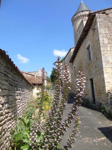 a stone building with a tower and some flowers at Demeure VERTEUILLAISE in Verteuil-sur-Charente