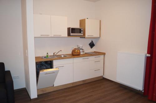 a small kitchen with a sink and a microwave at Braumeister Döbler - Ferienwohnungen in Bad Windsheim