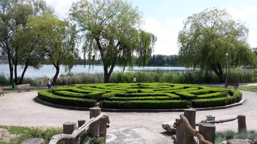 a garden with a large clock in the middle at Agroturystyka Polana Harmonii in Przytoczna 