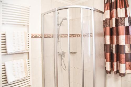 a shower with a glass door in a bathroom at Appartementhaus Unterkofler in Grossarl