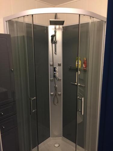 une douche avec une porte vitrée dans une salle de bain dans l'établissement Maison Le Jean Bart, au Cap d'Agde