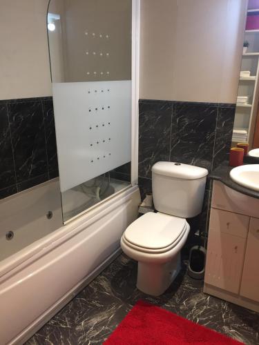 a bathroom with a toilet and a tub and a sink at Viana do Castelo, Cabedelo Beach Apartment in Viana do Castelo