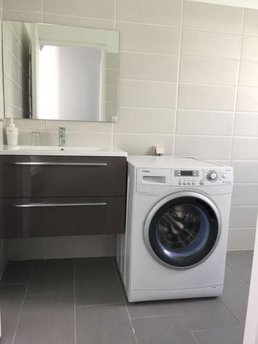 a washing machine in a bathroom next to a sink at Le Domaine Turquoise in Le Moule
