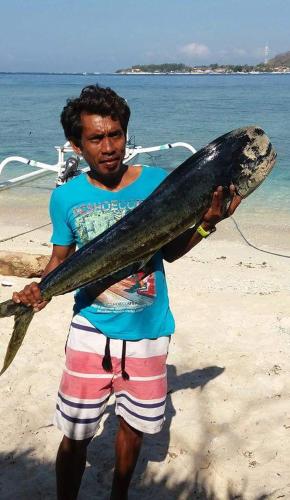 a man standing on the beach holding a fish at Sasak Island Bungalows in Gili Meno