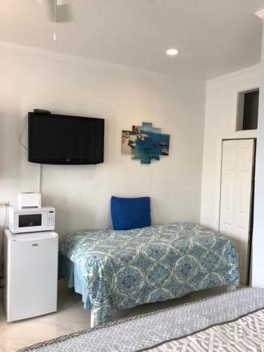a bedroom with a bed and a flat screen tv at The Oasis Retreat in Nassau