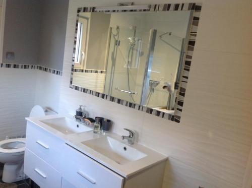 une salle de bain avec un lavabo et un miroir et des toilettes dans l'établissement La maison de Brijy, à Pleslin-Trigavou
