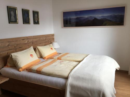 ein Bett mit zwei Kissen auf einem Zimmer in der Unterkunft Ferienwohnungen Obex in Mieders