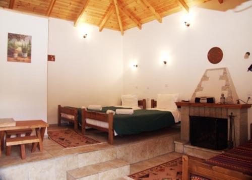 a bedroom with a bed and a fireplace at Lithos in Sirmbáni
