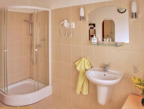 a bathroom with a shower and a sink at Ferienhaus Apartmanház Zalánki in Eger