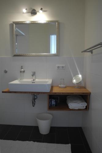 a bathroom with a sink and a mirror at Pension am Kirschgarten in Gößweinstein