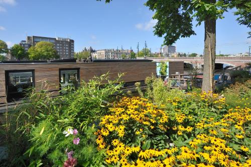 a garden with flowers in front of a building at Houseboat Ark van Amstel in Amsterdam