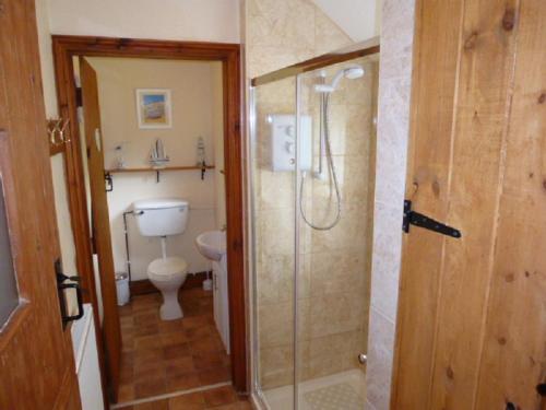 a bathroom with a shower and a toilet and a sink at Bakehouse in Great Ellingham