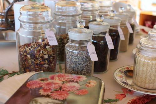 a table topped with jars of seeds and flowers at Albero Capovolto in Golfo Aranci