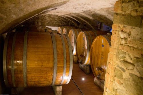 a row of wooden barrels in a wine cellar at Castello di Volpaia in Radda in Chianti