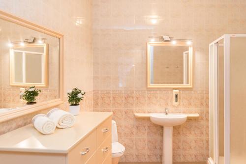 La salle de bains est pourvue d'un lavabo, de toilettes et d'un miroir. dans l'établissement Ungurmalas Guest House, à Auciems