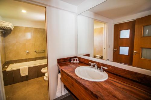 a bathroom with a wooden sink and a tub at Antu Malal Hotel in Plaza Huincul