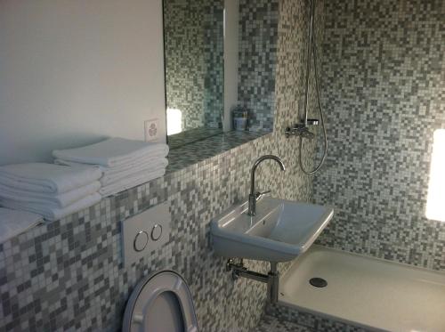 ein Badezimmer mit einem Waschbecken, einem WC und einem Spiegel in der Unterkunft Auberge de Founex in Founex