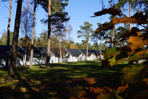 Ystad Camping في إيستاد: منزل وسط ميدان فيه اشجار