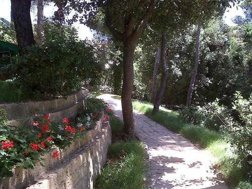 a garden path with flowers and a stone wall at La Casa di Ulisse B&B in Quercianella