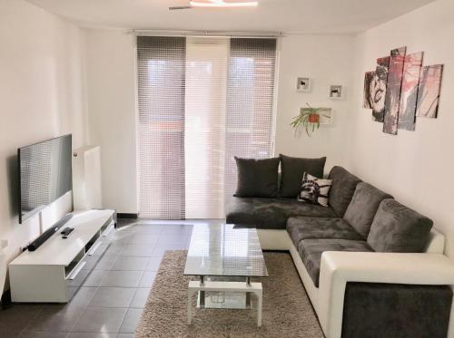 ein Wohnzimmer mit einem Sofa und einem Couchtisch in der Unterkunft Le T2 Appartement Moderne avec Terrasse et Parking in Straßburg