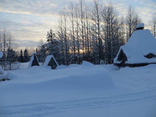 a group of snow sculptures in the snow at Hakamajat Cottages in Syöte