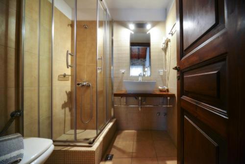 a bathroom with a shower and a sink at Eos - Authentic Experience in Skíti